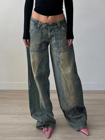 Women Wide Leg Jeans Vintage Washed Distressed Loose Denim Pants Casual Streetwear Fashion Style Mid Waist Bottom Blue