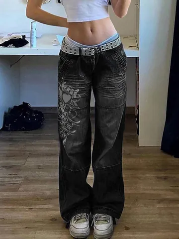 Vaqueros de Mezclilla Y2K Retro Street Style para Mujer con Estampado de Corazón Lavado Desgastado Cintura Baja Rectos Abajo