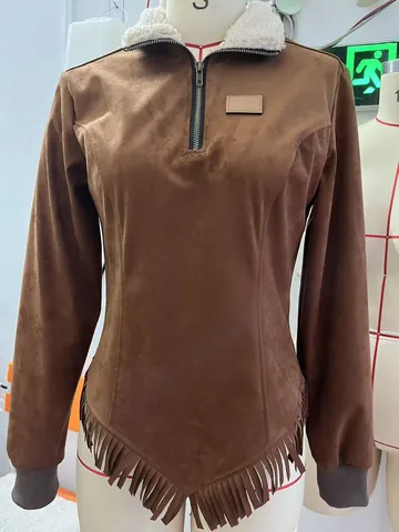 Women's Suede Jacket With Faux Fur Collar Fringe Hem Slim Fit Western Style Long Sleeve Quarter Zipper Tassel Casual Top
