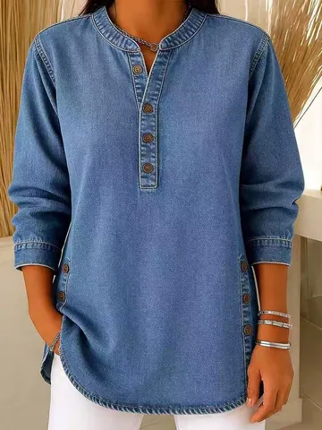Chemise en Denim Lavé pour Femmes Col en V Boutonné Décontracté Coupe Ample Blouse à Manches Courtes Style Rétro Occidental Denim Lavé