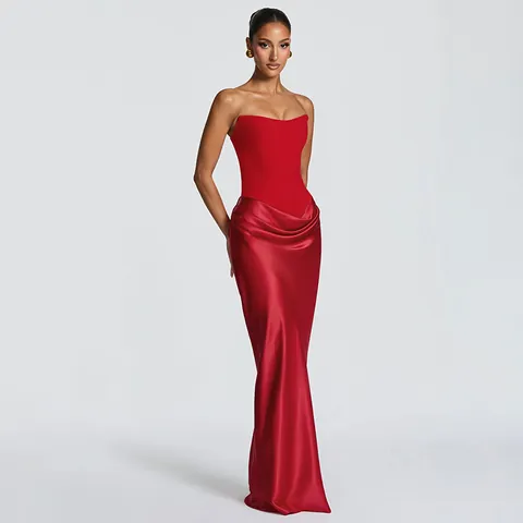 Women Elegant Patchwork Sleeveless Off-the-Shoulder Bodycon Maxi Dress Ruched Backless Satin Splice Long Dress Evening Party Dress