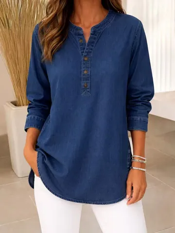 Chemise en Denim Lavé pour Femmes Col en V Boutonné Décontracté Coupe Ample Blouse à Manches Courtes Style Rétro Occidental Denim Lavé