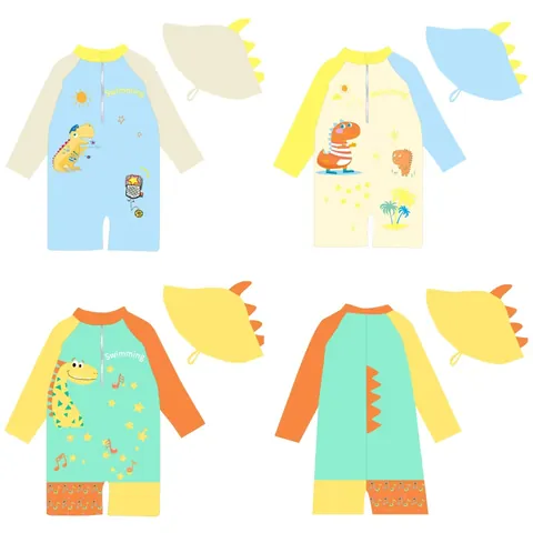 Jungen Cartoon Hai Dinosaurier Langarm Rash Guard Top Badeshorts Und Hut Bademode Set Für Kleinkinder Kinder Strand Urlaub