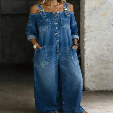 Women's Off-Shoulder Denim Jumpsuit Sexy Wide Leg Overalls With Pockets Button Down Washed Cotton Top And Bottom Romper