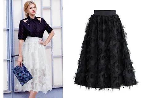 Jupe Midi pour Femme Douce Ajourée Motif de Feuilles Taille Haute Jupe en Polyestère Trapèze pour Fête Quotidienne