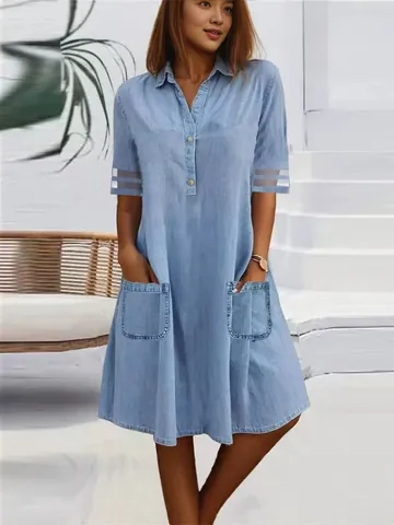 Women Light Blue Washed Denim Shirt Dress Mesh Patchwork Short Sleeve Casual A-Line Midi Dress With Pockets Top And Bottom