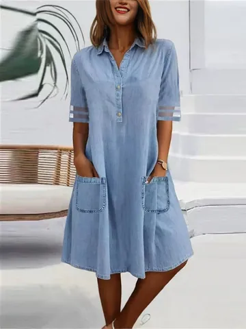 Women Light Blue Washed Denim Shirt Dress Mesh Patchwork Short Sleeve Casual A-Line Midi Dress With Pockets Top And Bottom