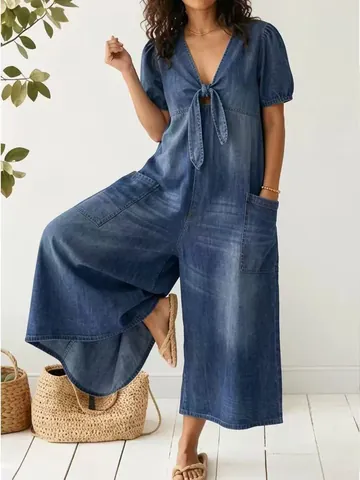 Women Casual Denim Jumpsuit V-Neck Short Sleeve Loose Wide Leg Romper With Pockets Summer Fashion Washed Polyester One Piece Outfit