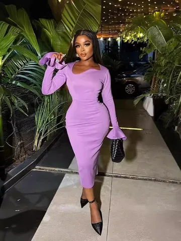 Robe Longue Bodycon Sexy pour Femmes Manches Évasées Couleur Unie Violet Lavande Col Rond Ourlet Sirène Fendue Patchwork Robe de Soirée