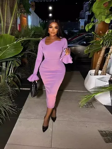 Robe Longue Bodycon Sexy pour Femmes Manches Évasées Couleur Unie Violet Lavande Col Rond Ourlet Sirène Fendue Patchwork Robe de Soirée