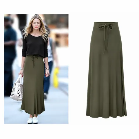 Jupe Mi-Longue à Taille Haute pour Femme Élégante en Mélange de Coton Couleur Unie Cordon de Serrage Fente Latérale Jupe Moulante Décontractée de Bureau Grande Taille