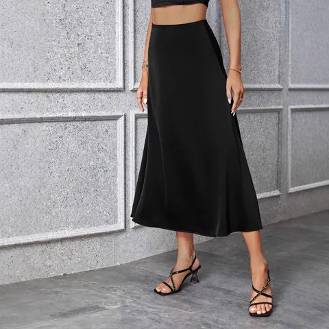Jupe Trapèze Longue Couleur Unie Look Satin Femme Minimaliste Taille Haute Décontractée Bureau Jupe pour Femme
