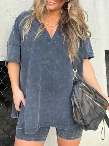 Women V-Neck Faux Denim Print Two Piece Set Casual Short Sleeve Top And Bottom High Waist Slim Fit Bike Shorts Set