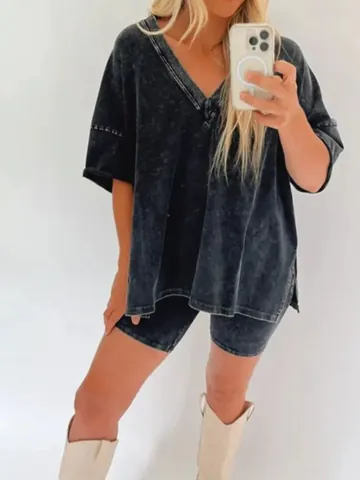 Women V-Neck Faux Denim Print Two Piece Set Casual Short Sleeve Top And Bottom High Waist Slim Fit Bike Shorts Set