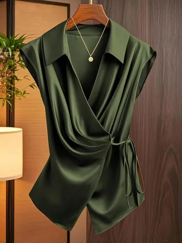 Women Elegant Satin Wrap Top Sleeveless V-Neck Side Tie Waist Glossy Solid Color Blouse Office Lady Fashion Summer Shirt