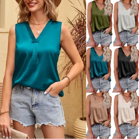 Women Satin V-Neck Sleeveless Tank Top Casual Loose Polyester Blouse Shirt Elegant Solid Color Office Summer Vest Top