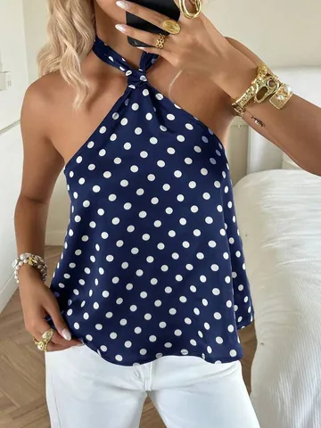 Women's Sexy Halter Top Polka Dot Printed Sleeveless Satin Finish Polyester Camisole Summer Backless Clubwear Top
