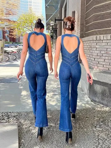 Combinaison en Jean Rétro pour Femmes Sans Manches Découpe en Cœur Dos Nu Jambe Évasée Taille Haute Slim Top And Bottom