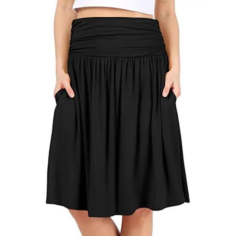 Women Cotton Pleated Midi Skirt High Waist Elastic Ruched A-Line Skirt With Pockets Casual Solid Swing Skirt