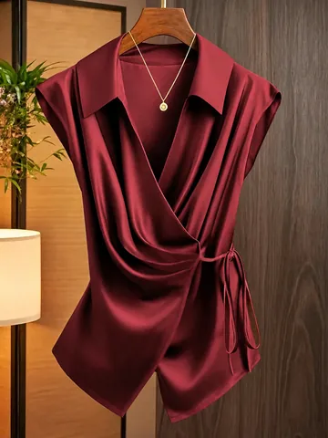 Women Elegant Satin Wrap Top Sleeveless V-Neck Side Tie Waist Glossy Solid Color Blouse Office Lady Fashion Summer Shirt