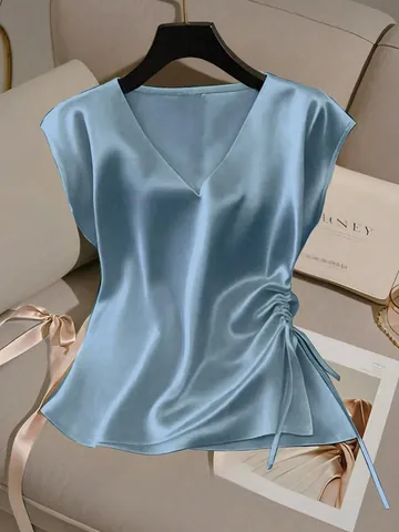 Women Elegant Satin V Neck Ruched Drawstring Sleeveless Top Solid Color Summer Commuting Blouse Shirt Office Lady Fashion