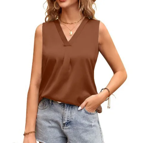 Women Satin V-Neck Sleeveless Tank Top Casual Loose Polyester Blouse Shirt Elegant Solid Color Office Summer Vest Top