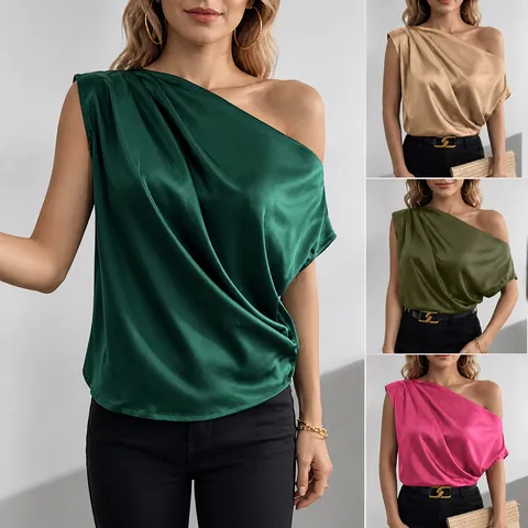 Women Elegant Satin Polyester One Shoulder Sleeveless Blouse Solid Color Slim Fit Off Shoulder Pullover Top For Party Casual