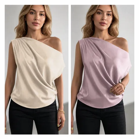 Women Elegant Satin Polyester One Shoulder Sleeveless Blouse Solid Color Slim Fit Off Shoulder Pullover Top For Party Casual