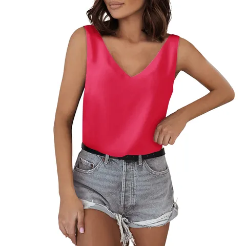 Dames Satijnen Tanktop Met V-hals Mouwloos Casual Effen Kleur Satijnen Camisole Basic Zomer Ruime Pasvorm Polyester Vest Top
