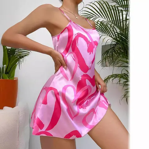 Women Sexy Satin Backless Camisole Dress Summer Heart Print Mini Nightgown Pink Sleeveless Imitation Silk Sleepwear Top
