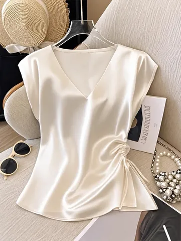 Women Elegant Satin V Neck Ruched Drawstring Sleeveless Top Solid Color Summer Commuting Blouse Shirt Office Lady Fashion