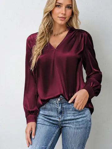 Camicetta da Donna in Raso con Scollo a V a Maniche Lunghe con Pieghe Top Casual Tinta Unita Camicia da Pendolare
