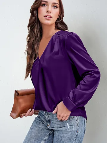 Camicetta da Donna in Raso con Scollo a V a Maniche Lunghe con Pieghe Top Casual Tinta Unita Camicia da Pendolare