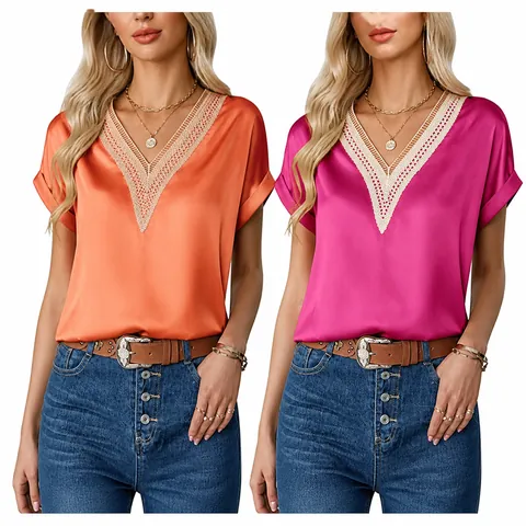 Damen Elegant Satin V-Ausschnitt T-Shirt Spitze Patchwork Lockere Kurzarm Top Pendler Stil Einfarbig Polyester Satin Bluse