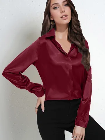 Women Elegant Satin Blouse Long Sleeve Shirt Single Button Lapel V Neck Office Lady Loose Silky Solid Color Chic Work Top