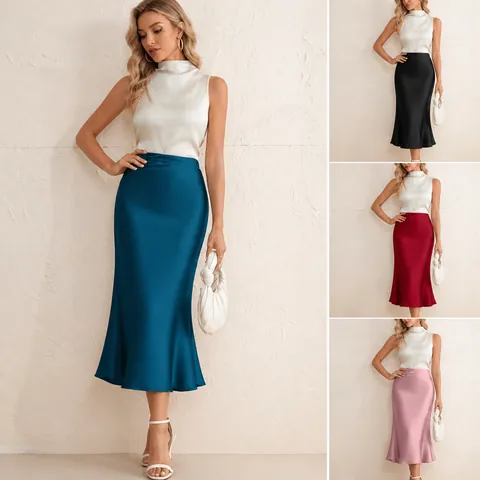 Women Satin Mermaid Midi Skirt Solid Color High Waist Bodycon Skirt Elegant Polyester Satin Bottom For Office Party Daily