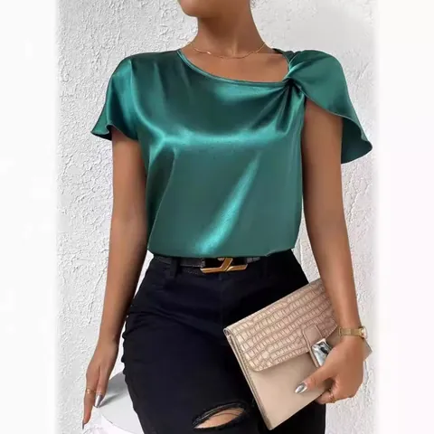 Women's Elegant Satin Short Sleeve Top Twist Knot Round Neck Loose Casual Commuter Solid Color T-Shirt Blouse