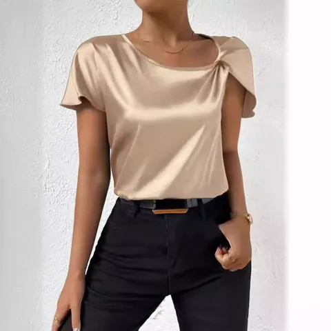 Women's Elegant Satin Short Sleeve Top Twist Knot Round Neck Loose Casual Commuter Solid Color T-Shirt Blouse