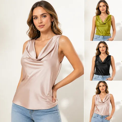 Damen Elegant Satin Wasserfall-Ausschnitt Ärmelloses Tanktop Glänzend Polyester Einfarbig Locker Top Für Sommer Büro Party Damen Bekleidung