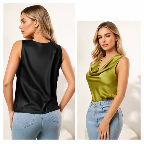 Damen Elegant Satin Wasserfall-Ausschnitt Ärmelloses Tanktop Glänzend Polyester Einfarbig Locker Top Für Sommer Büro Party Damen Bekleidung