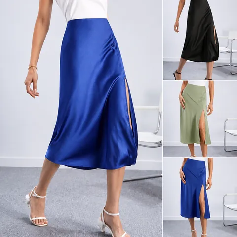 Women High Waist Satin Midi Skirt Side Slit A-Line Polyester Solid Color Elegant Commuter Fashion Bottom For Party Banquet