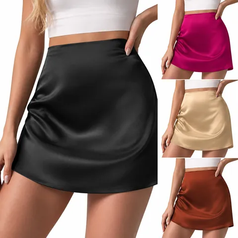Women High Waist Satin A-Line Mini Skirt Ruched Elegant Glossy Bottom Silky Short Skirt For Party Dating Casual Wear