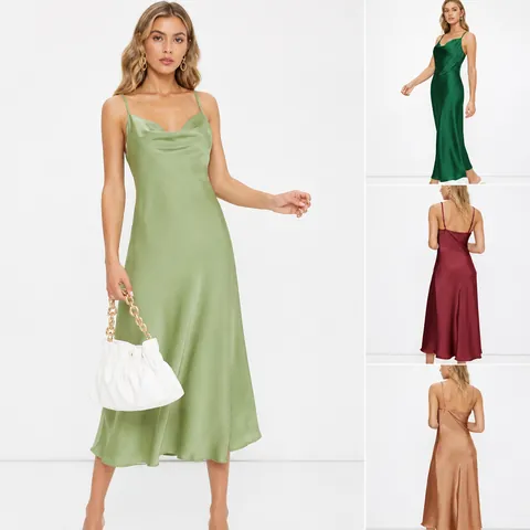 Women's Elegant Satin Cami Dress Cowl Neck Backless Slim Fit Solid Color Midi Prom Evening Dress Party Wear
