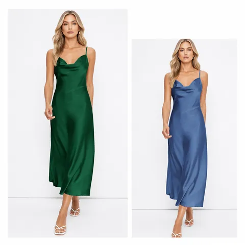 Women's Elegant Satin Cami Dress Cowl Neck Backless Slim Fit Solid Color Midi Prom Evening Dress Party Wear