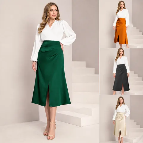 Women High Waist Satin Pleated Split Maxi Skirt Elegant Solid Color Polyester Fishtail Bodycon Bottoms Zipper Skirt For Party