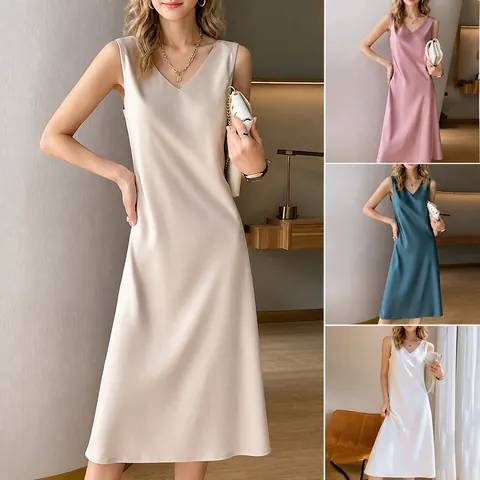 Robe en Satin Sans Manches à Col en V pour Femmes Couleur Unie Robe Midi d'Été Élégante Robe de Soirée en Polyester