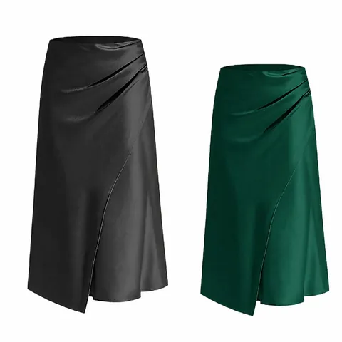 Women High Waist Satin Pleated Split Maxi Skirt Elegant Solid Color Polyester Fishtail Bodycon Bottoms Zipper Skirt For Party