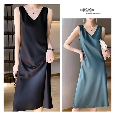 Robe en Satin Sans Manches à Col en V pour Femmes Couleur Unie Robe Midi d'Été Élégante Robe de Soirée en Polyester