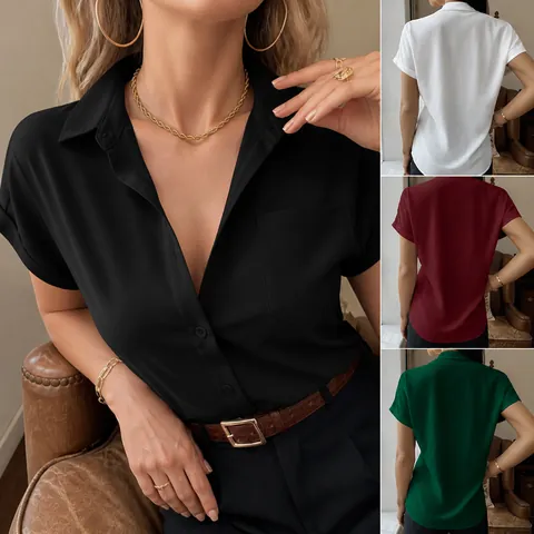 Women Casual V-Neck Satin Short Sleeve Shirt Solid Color Polyester Button Up Blouse With Chest Pocket Elegant Office Lady Top
