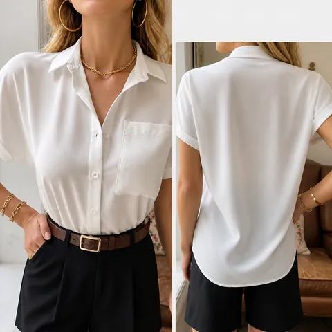Women Casual V-Neck Satin Short Sleeve Shirt Solid Color Polyester Button Up Blouse With Chest Pocket Elegant Office Lady Top